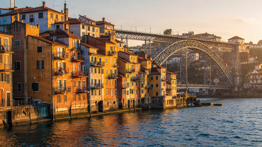 Beautiful view of Porto's Ribeira district and the Douro river at sunset.