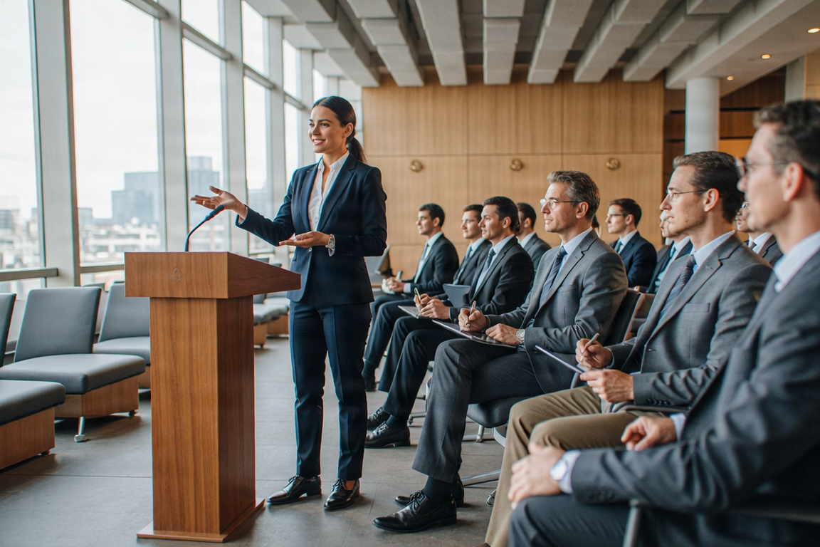Professional legal conference hall with attendees and speakers.