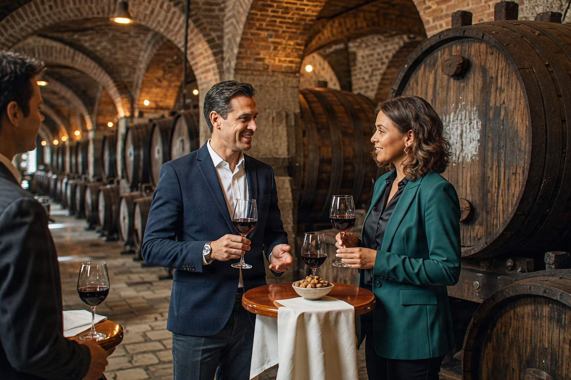 Networking event for legal professionals in a Porto wine cellar.