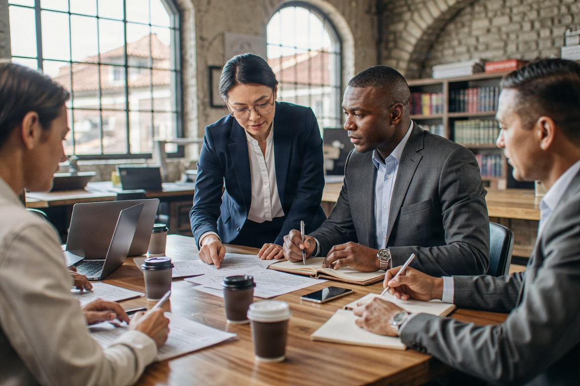 Group of international lawyers collaborating during a workshop.
